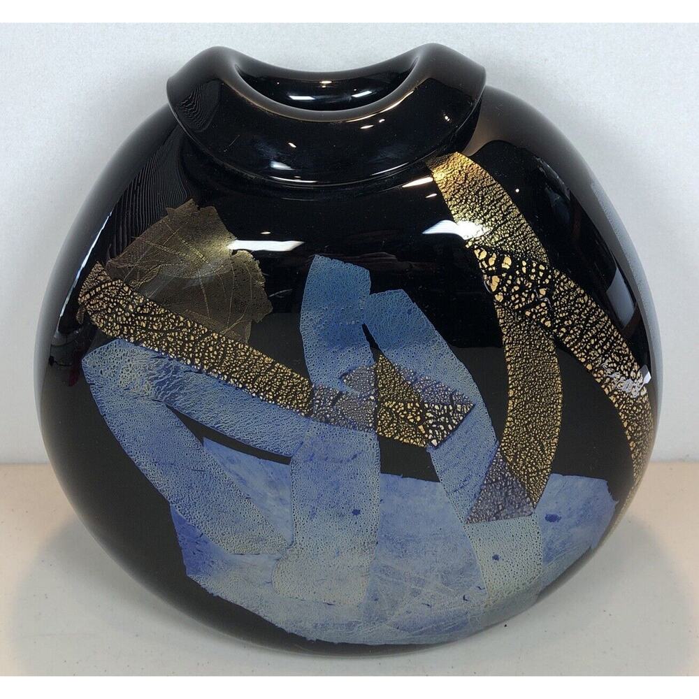 Abstract Art Glass Vase Handblown Black Large 11” X 11” X 5”, 10.5lbs